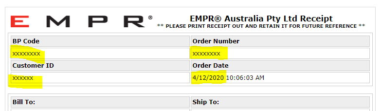 Order receipt sample